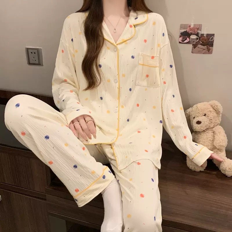 Light Luxury and Sweet  Style Wrinkled Cloth Bow Design Pajamas for Women Casual Home Wear Long-Sleeved Suit
