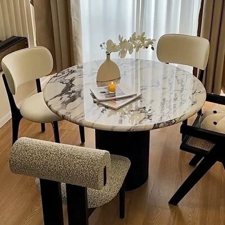 French Marble Dining Table for Home Small Apartment Retro Modern Light Luxury Stone Simple Round Slate Dining Table