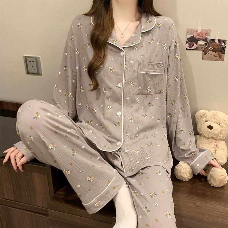 Light Luxury and Sweet  Style Wrinkled Cloth Bow Design Pajamas for Women Casual Home Wear Long-Sleeved Suit