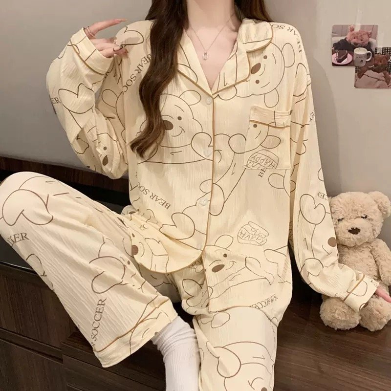 Light Luxury and Sweet  Style Wrinkled Cloth Bow Design Pajamas for Women Casual Home Wear Long-Sleeved Suit