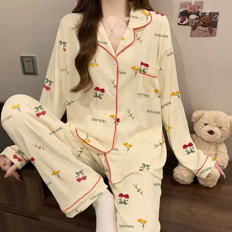 Light Luxury and Sweet  Style Wrinkled Cloth Bow Design Pajamas for Women Casual Home Wear Long-Sleeved Suit