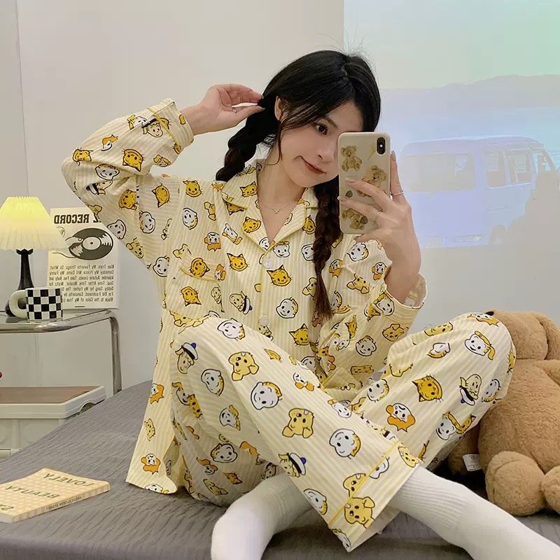 Light Luxury and Sweet  Style Wrinkled Cloth Bow Design Pajamas for Women Casual Home Wear Long-Sleeved Suit